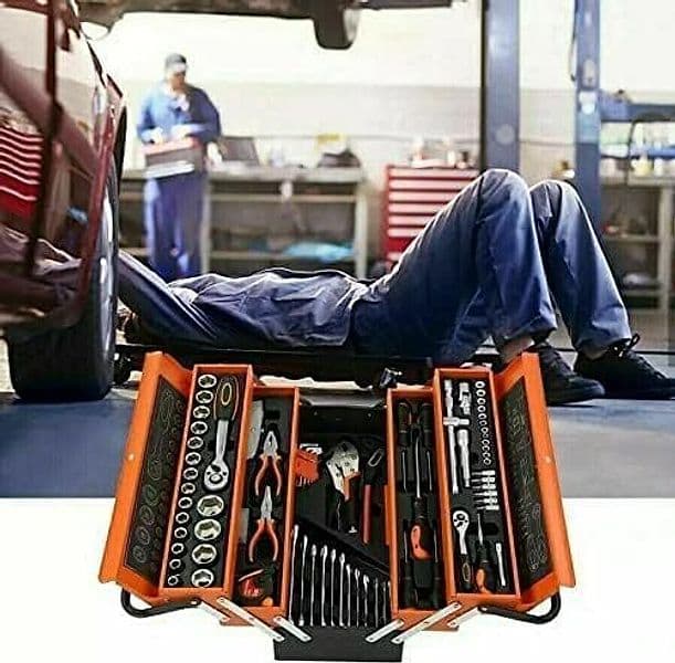 Cassetta Attrezzi Completa con 85 Pezzi in Metallo Cassetta Porta Utensili Organizer per Attrezzi Resistente Pieghevole con Occhiello per Lucchetto per Fai da Te Meccanico Elettricista - 2