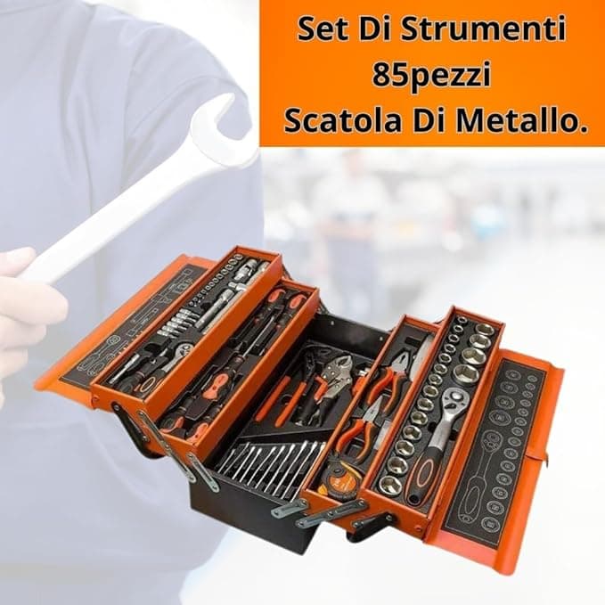 Cassetta Attrezzi Completa con 85 Pezzi in Metallo Cassetta Porta Utensili Organizer per Attrezzi Resistente Pieghevole con Occhiello per Lucchetto per Fai da Te Meccanico Elettricista - 4