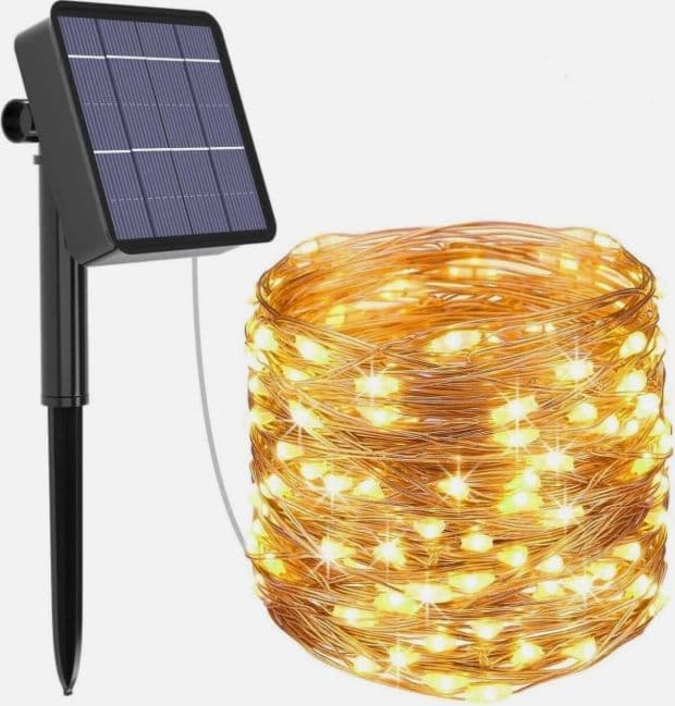 LUCI DI NATALE STRISCIA NATALIZIA CATENA LUMINOSA A LED DA ESTERNO CON PANNELLO ENERGIA SOLARE CON PICCHETTO - BOBINA DA 10 METRI CON 100 LED CON COLORE LUCE 3000K BIANCO CALDO (GIALLO) IP65