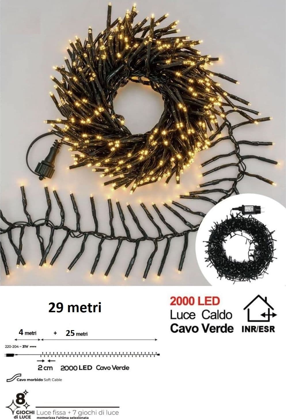 Luci di Natale Natalizie 2000 Led BIANCO CALDO a Grappolo per ESTERNO/INTERNO 29 metri con 8 Giochi di luce, Timer, Cavo verde, Catena luminosa natalizia per Albero - 5