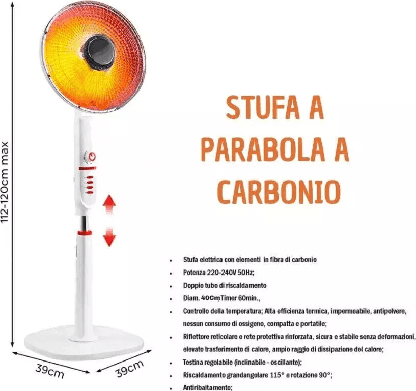 Stufa Piantana a Carbonio 900W Bianco o Nero Oscillante 2 Livelli pavimento gira - 3