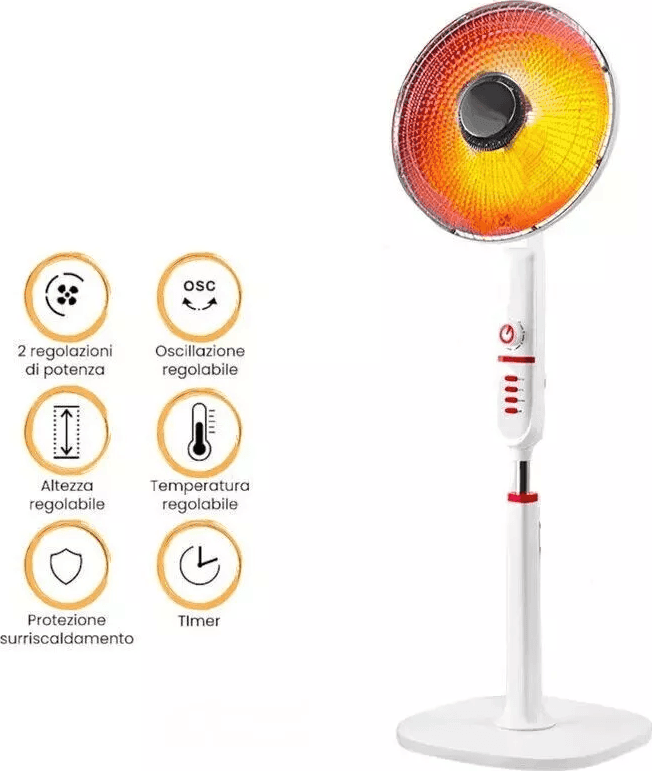 Stufa Piantana a Carbonio 900W Bianco o Nero Oscillante 2 Livelli pavimento gira - 4
