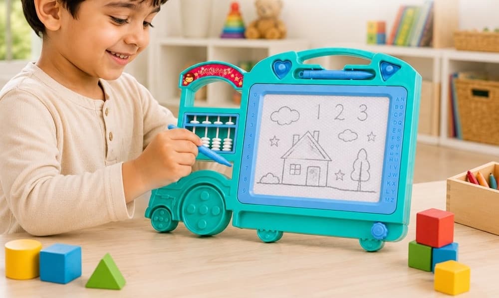 LAVAGNA MAGICA MAGNETICA DISEGNO PER BAMBINI COLORATA CON 2 TIMBRI PENNA FORMA TRENO 31604 - 5