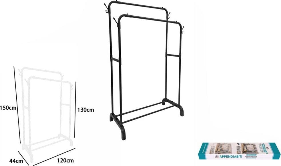 STAND APPENDIABITI ATTACCAPANNI CON DOPPIA BARRA RIPIANO GANCI LATERALI IN METALLO 73207 - 2
