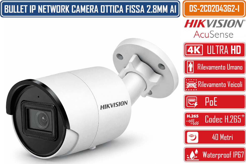 HIKVISION DS-2CD2083G2-I TELECAMERA IP BULLET 8 MP 4K ACUSENSE 2,8 MM IR 40M H.265+ SLOT MICROSD POE, IP67 - 2