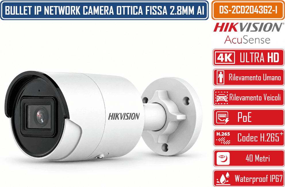 HIKVISION DS-2CD2083G2-I TELECAMERA IP BULLET 8 MP 4K ACUSENSE 2,8 MM IR 40M H.265+ SLOT MICROSD POE, IP67 - 3