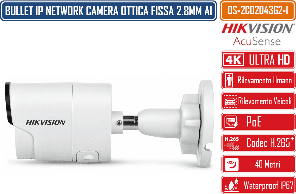 HIKVISION DS-2CD2083G2-I TELECAMERA IP BULLET 8 MP 4K ACUSENSE 2,8 MM IR 40M H.265+ SLOT MICROSD POE, IP67 - 4