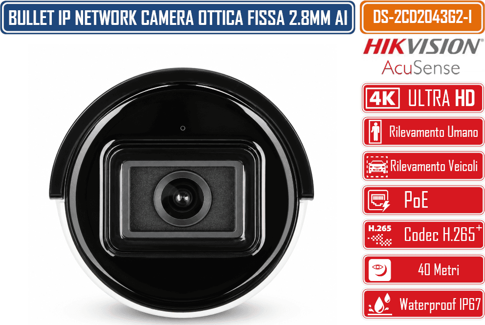 HIKVISION DS-2CD2083G2-I TELECAMERA IP BULLET 8 MP 4K ACUSENSE 2,8 MM IR 40M H.265+ SLOT MICROSD POE, IP67 - 5