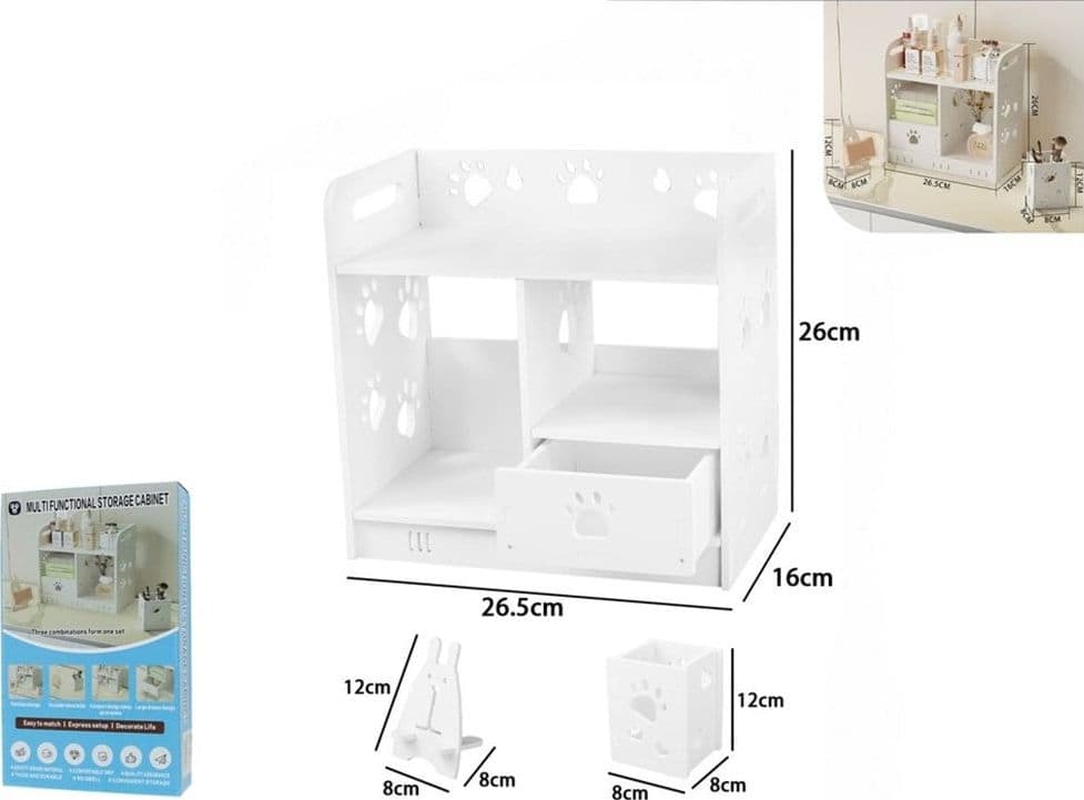 PORTAOGGETTI SCRIVANIA MULTIFUNZIONALE ORGANIZER 3PZ DESIGN ZAMPA GATTO CON CASSETTO 62188 - 2