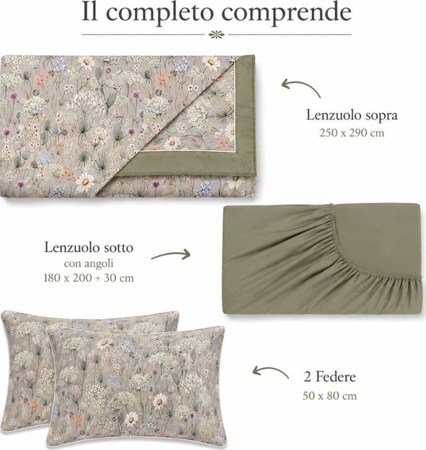 Completo Letto Matrimoniale in Percalle di Puro Cotone 200 TC Calipso - 4