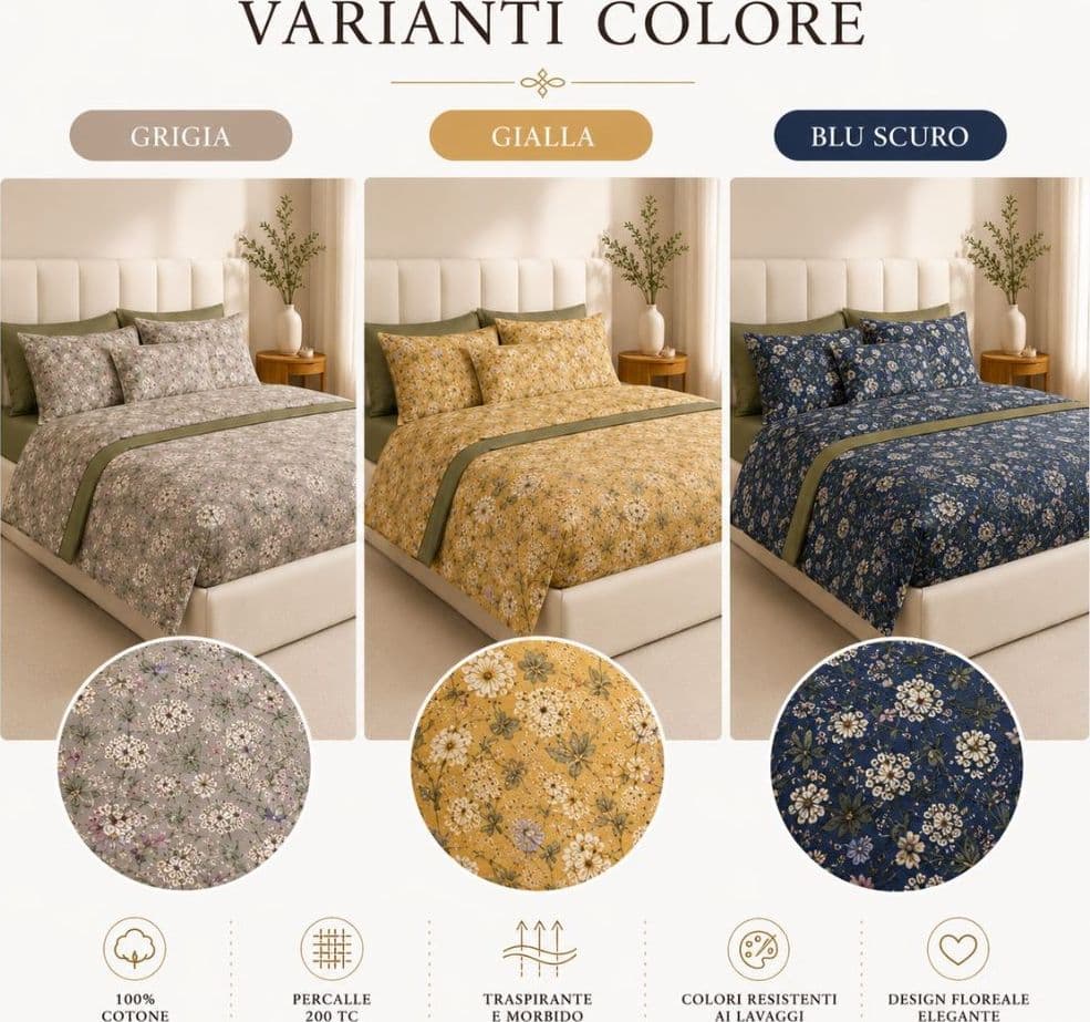 Completo Letto Matrimoniale in Percalle di Puro Cotone 200 TC Calipso - 8