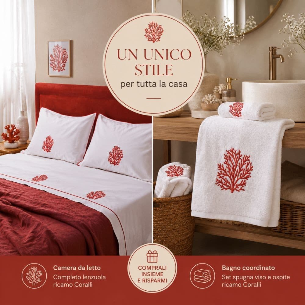 Combo Camera & Bagno Coralli – Completo Lenzuola + Set Spugna Viso e Ospite Coordinati - 2