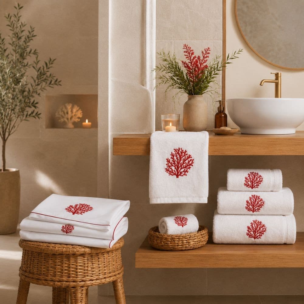 Combo Camera & Bagno Coralli – Completo Lenzuola + Set Spugna Viso e Ospite Coordinati - 5