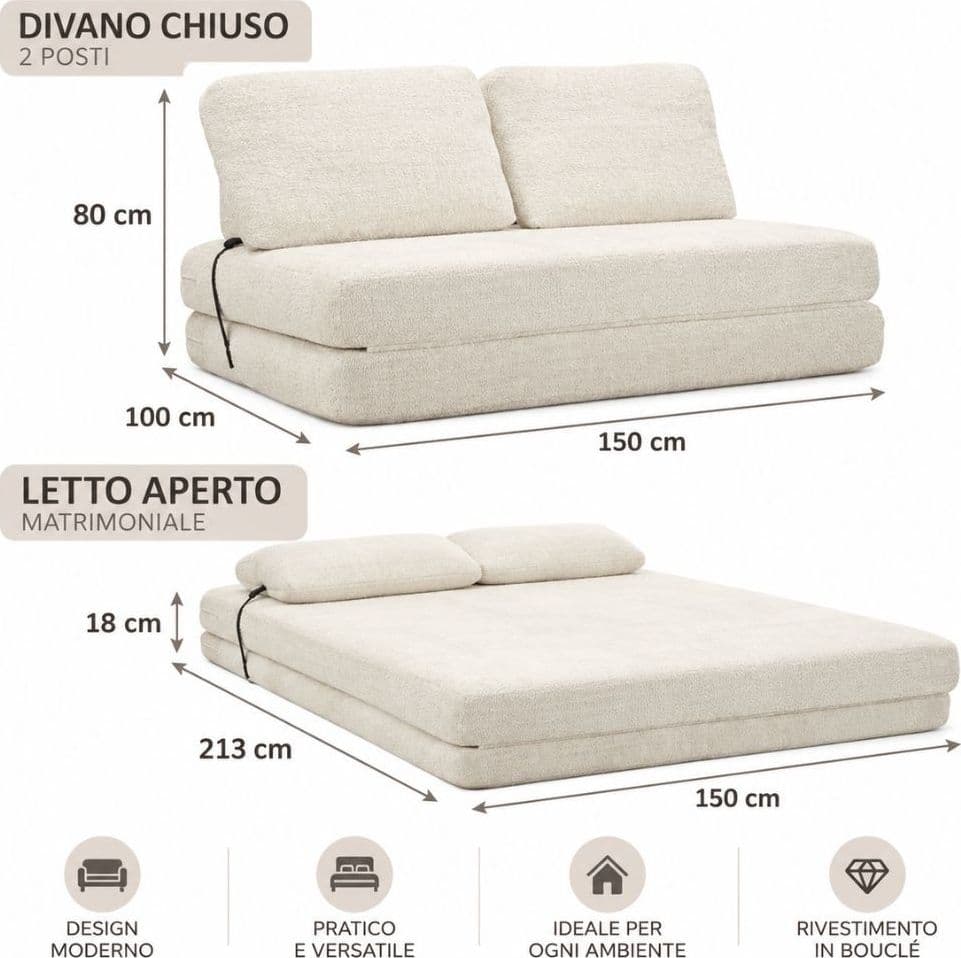 Divano Letto Faster 2 Posti in Bouclé Bianco 150 cm - 4