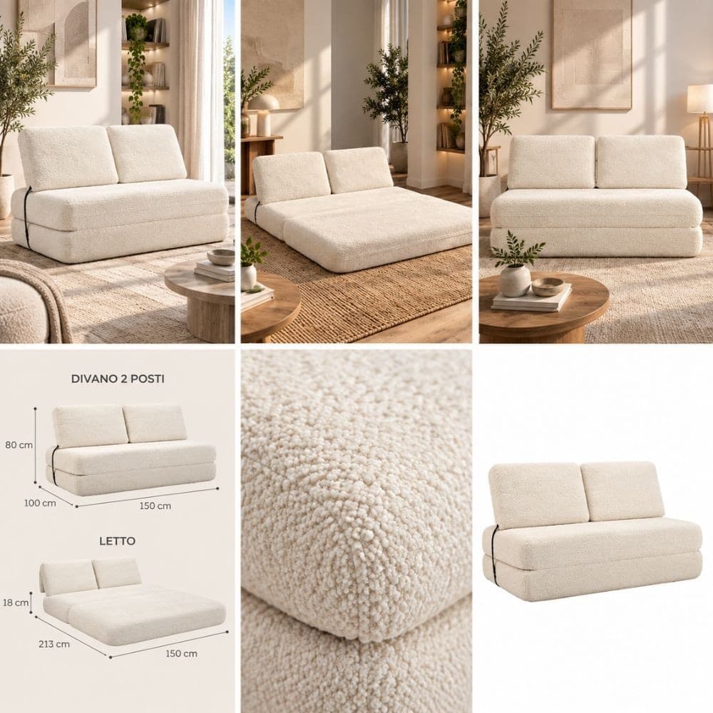 Divano Letto Faster 2 Posti in Bouclé Bianco 150 cm - 6