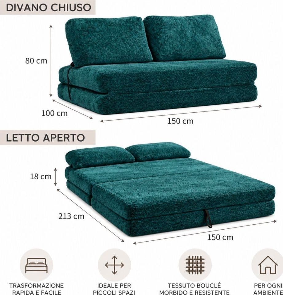 Divano Letto Faster 2 Posti in Bouclé Petrolio 150 cm - 4