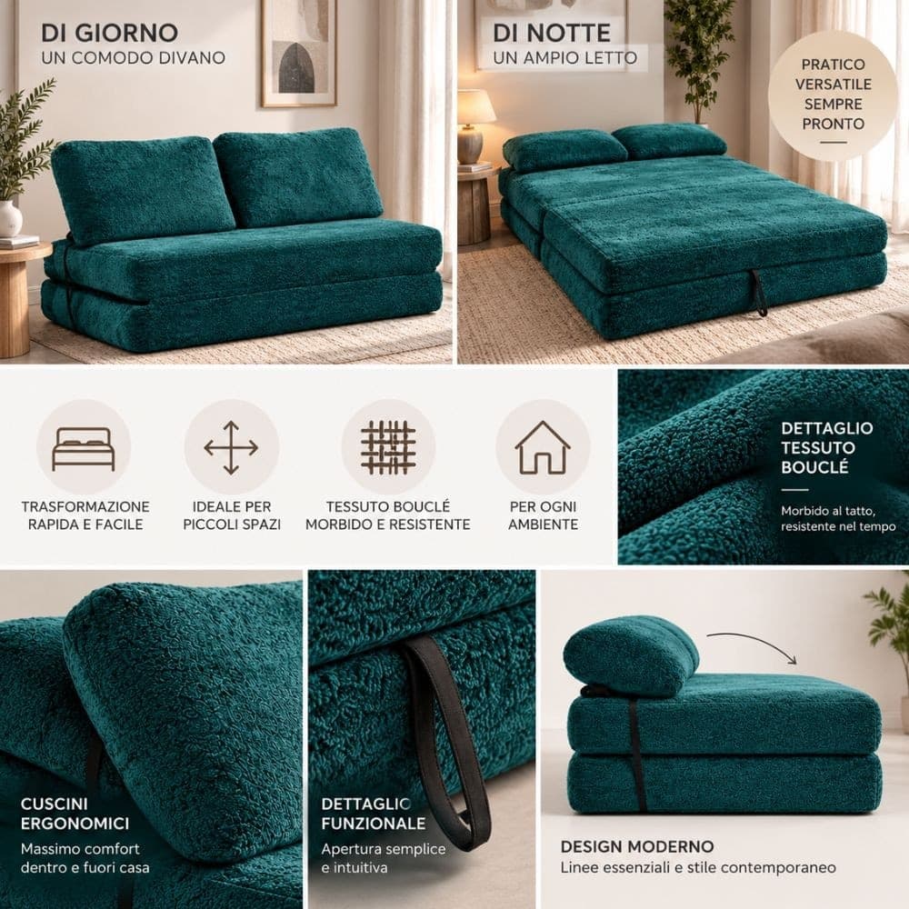 Divano Letto Faster 2 Posti in Bouclé Petrolio 150 cm - 6
