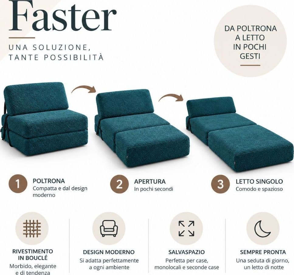 Poltrona Letto Faster 1 Posto in Bouclé Petrolio 80 cm - 6