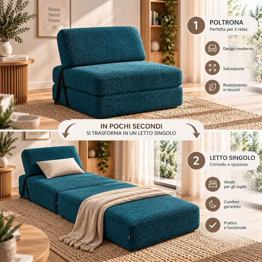 Poltrona Letto Faster 1 Posto in Bouclé Petrolio 80 cm - 7