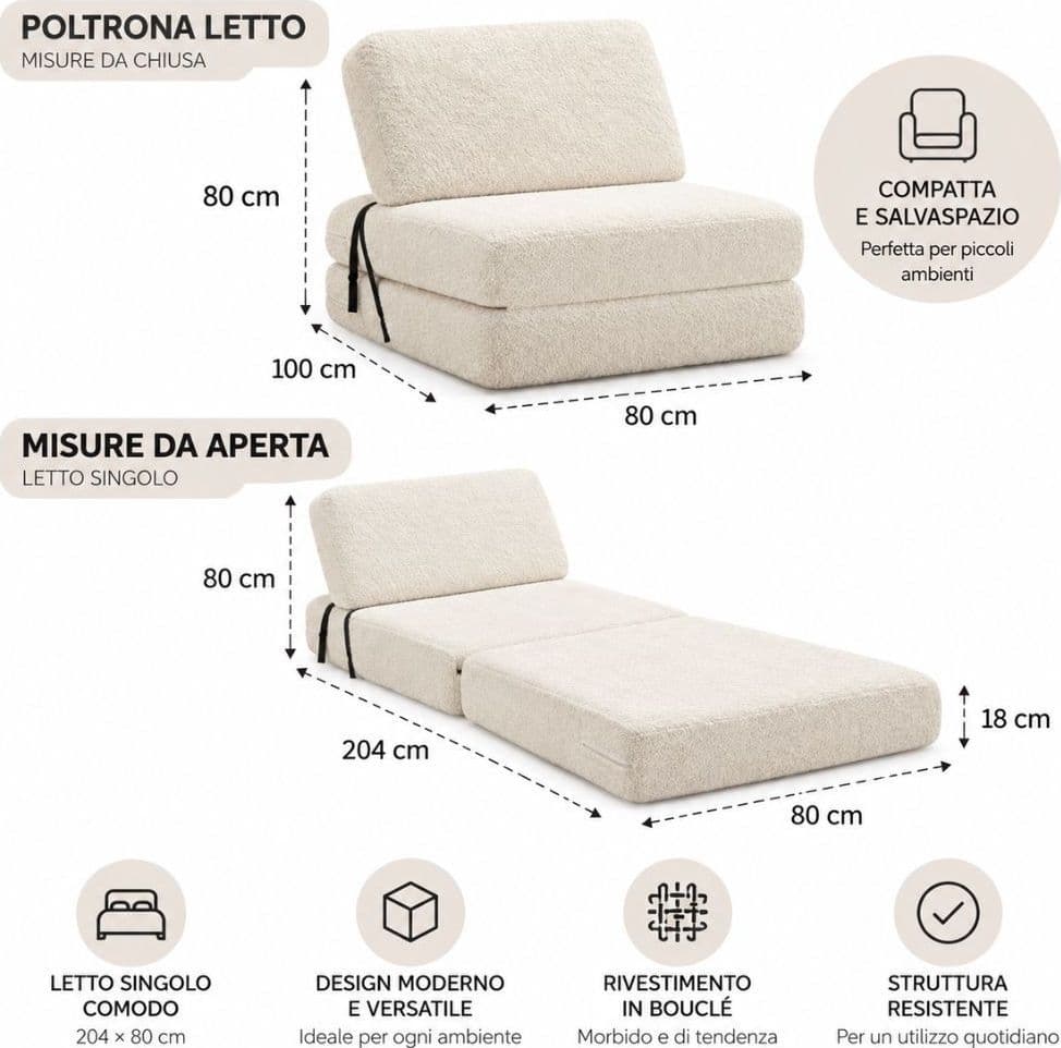 Poltrona Letto Faster 1 Posto in Bouclé Bianco 80 cm - 4