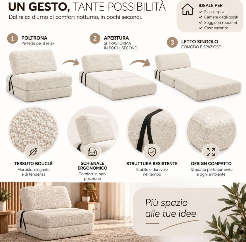 Poltrona Letto Faster 1 Posto in Bouclé Bianco 80 cm - 6