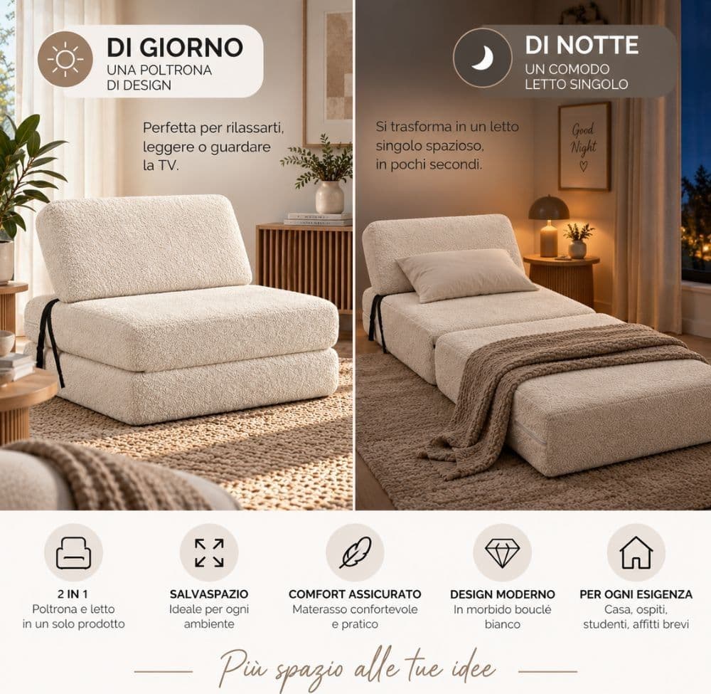 Poltrona Letto Faster 1 Posto in Bouclé Bianco 80 cm - 8