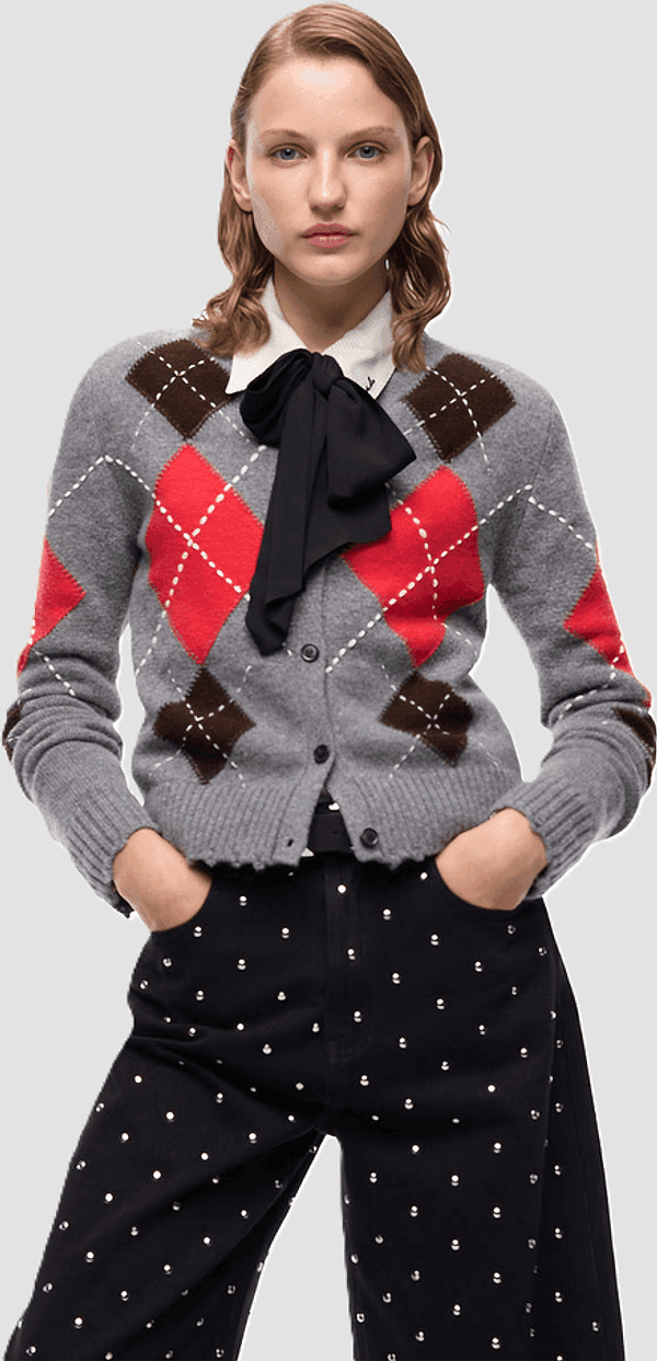 Pinko cardigan girocollo a rombi donna grigio-marrone - 3