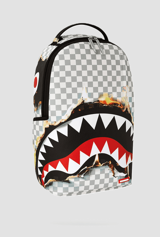 Sprayground zaino checkered shark &amp; flames unisex grigio-bianco - 2