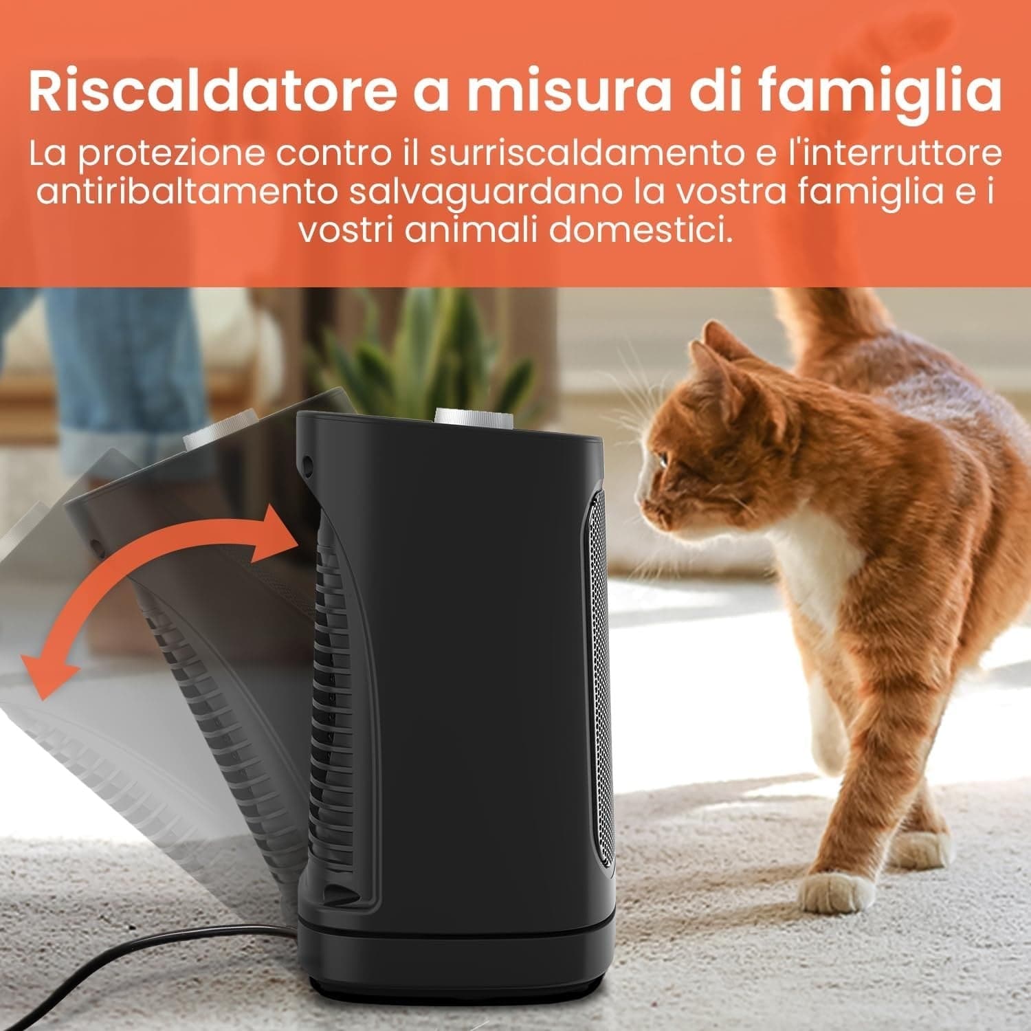 Termoventilatore Ceramico 1800W Oscillante 60° Termostato 2 Livelli Ventola Nero - 3
