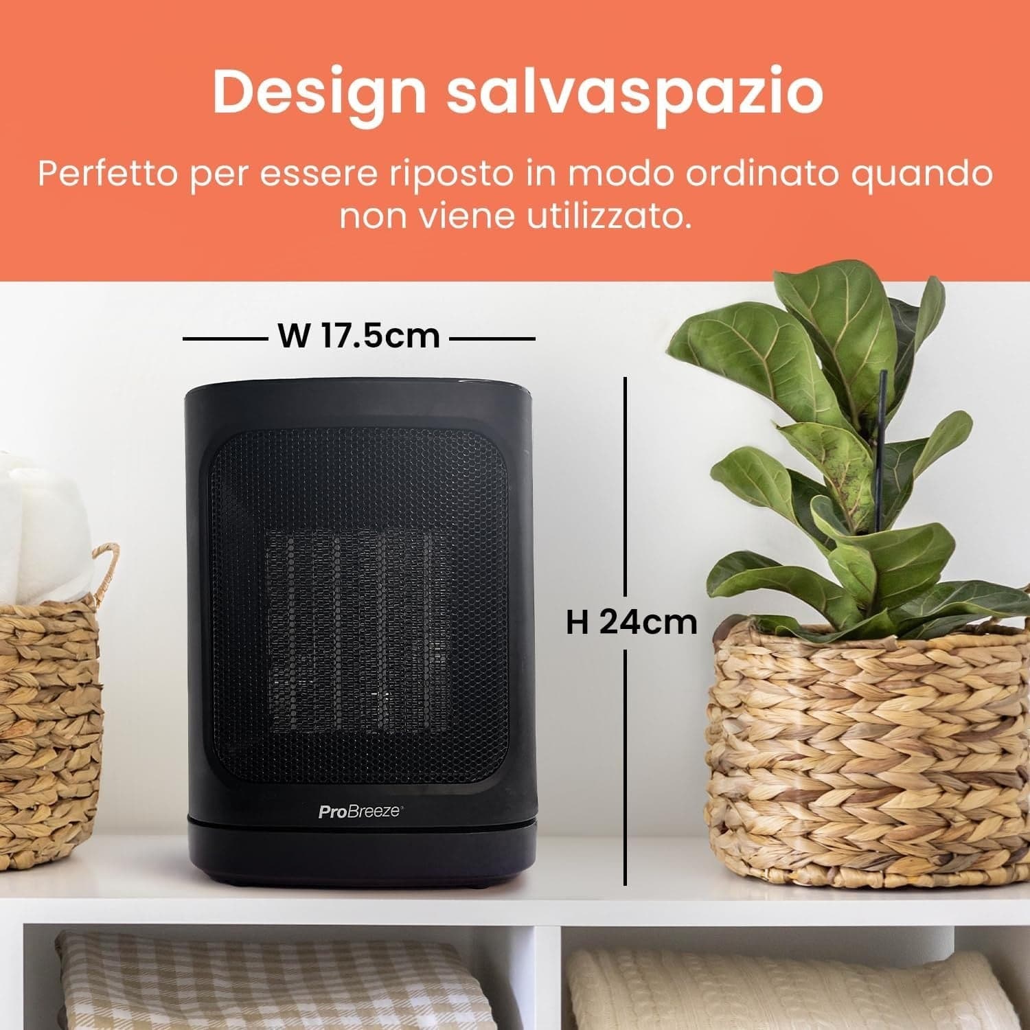 Termoventilatore Ceramico 1800W Oscillante 60° Termostato 2 Livelli Ventola Nero - 5