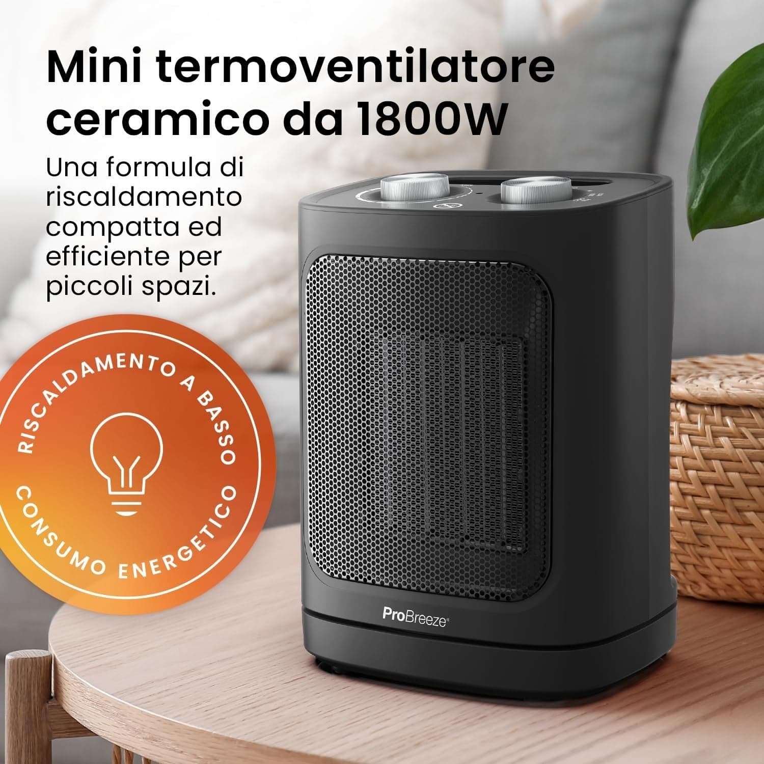 Termoventilatore Ceramico 1800W Oscillante 60° Termostato 2 Livelli Ventola Nero - 6