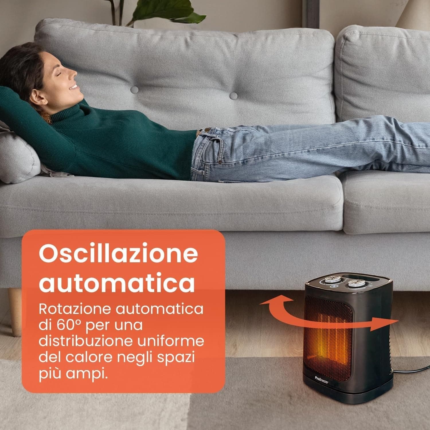 Termoventilatore Ceramico 1800W Oscillante 60° Termostato 2 Livelli Ventola Nero - 8