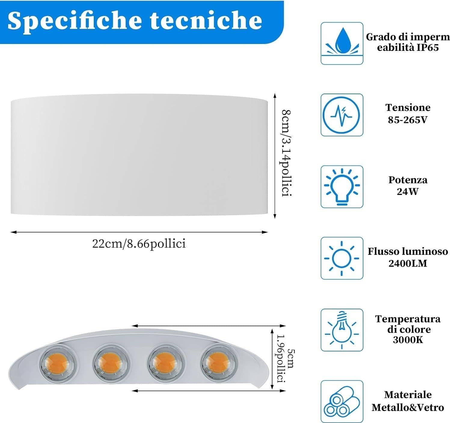 Applique Parete LED 24W 2400LM 3000K Luce Calda Interno Esterno Bianca Classe E - 2