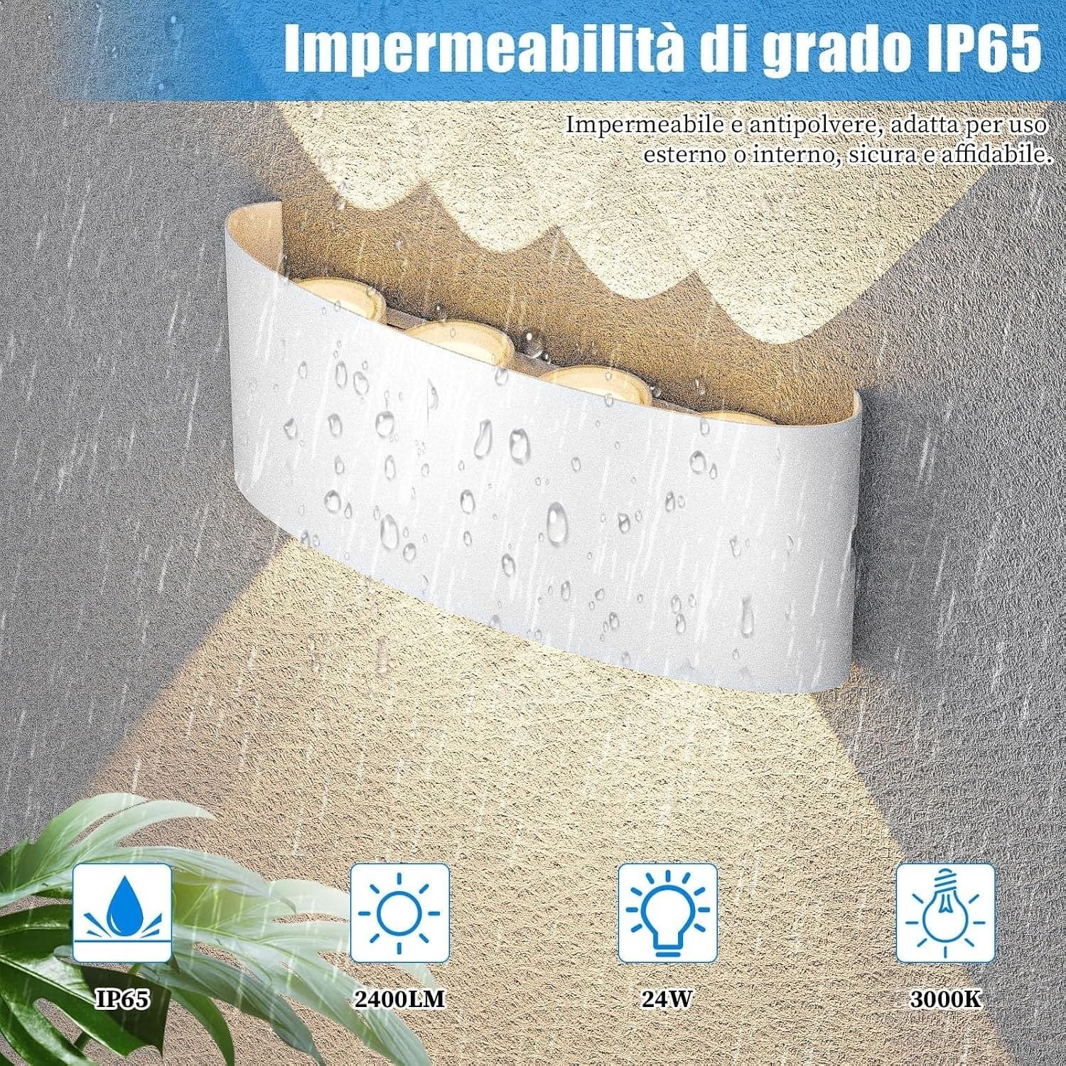 Applique Parete LED 24W 2400LM 3000K Luce Calda Interno Esterno Bianca Classe E - 7