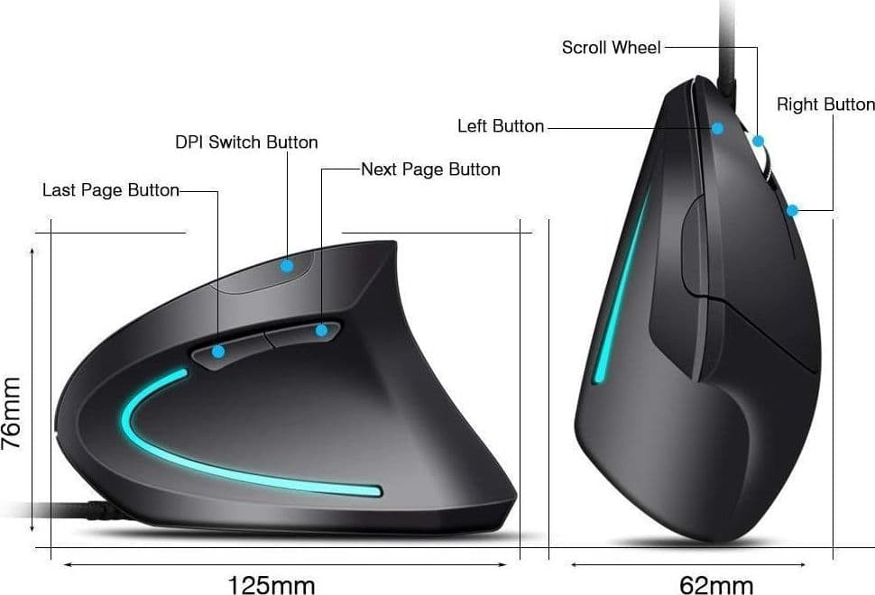 Mouse Verticale Ergonomico Cablato USB 3200DPI 5 Tasti LED PC Mac Laptop Ufficio - 3