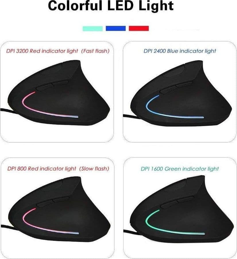 Mouse Verticale Ergonomico Cablato USB 3200DPI 5 Tasti LED PC Mac Laptop Ufficio - 7