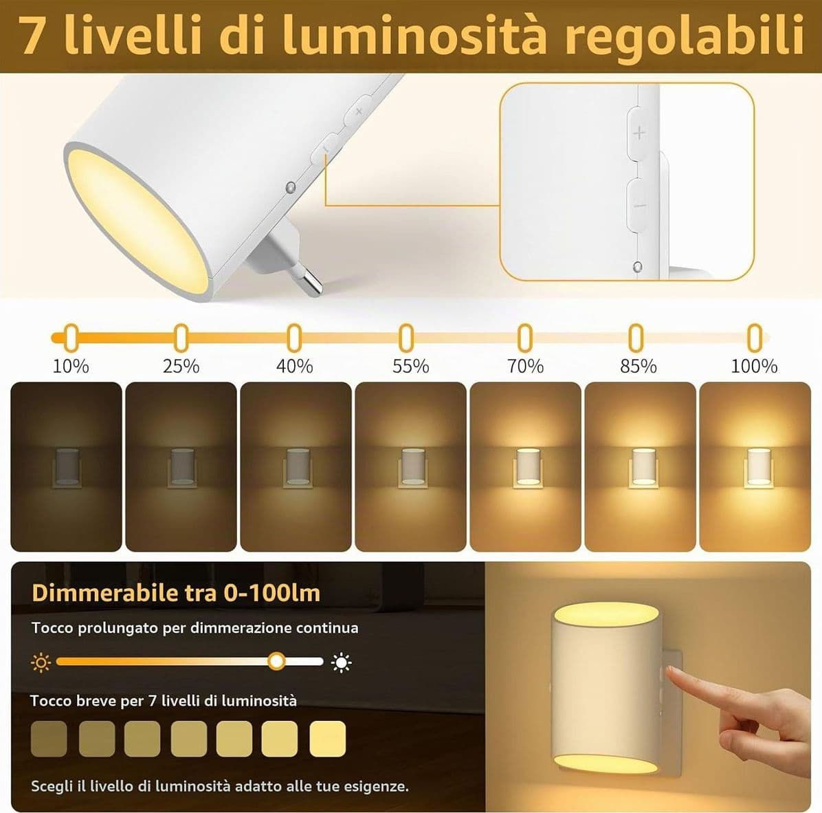 Suright Coppia di Luci Notturne LED da Presa con Sensore di Movimento e Crepuscolare Dimmerabile 1-100LM Luce Calda 3000K per Camera Bambini Scale e Corridoi - 2