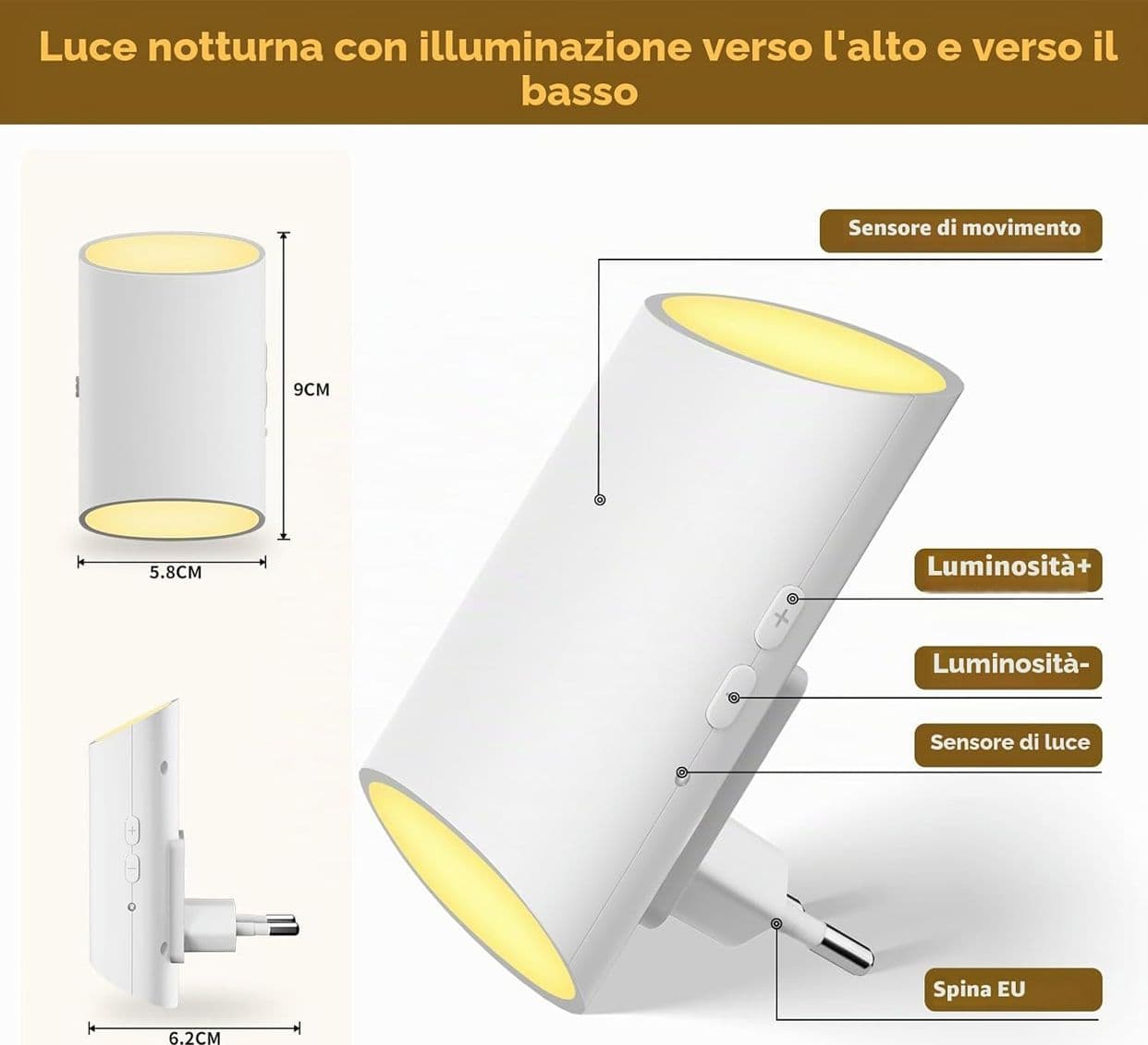 Suright Coppia di Luci Notturne LED da Presa con Sensore di Movimento e Crepuscolare Dimmerabile 1-100LM Luce Calda 3000K per Camera Bambini Scale e Corridoi - 4