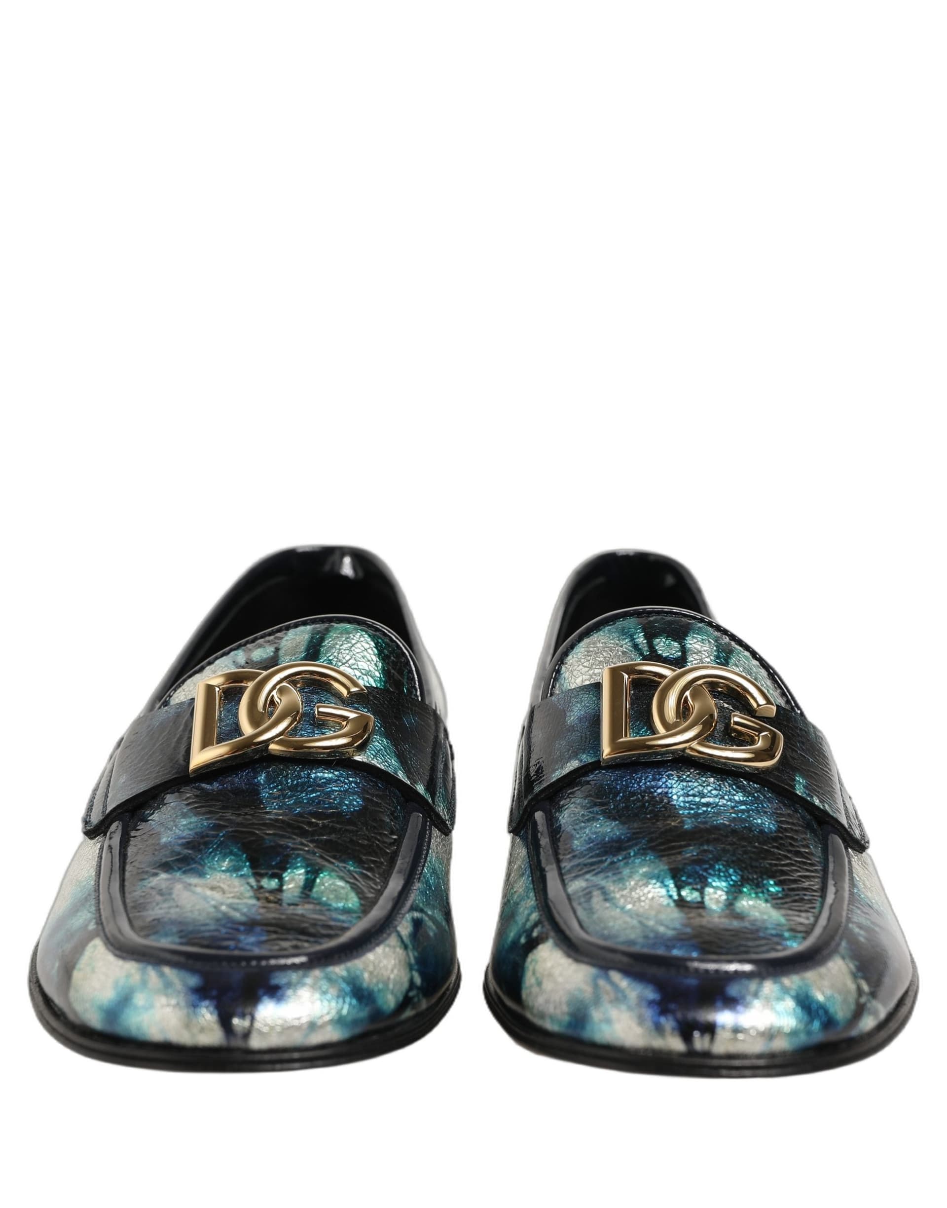 Dolce & Gabbana Metallic Blue Silver Leather DG Loafers Shoes - 2