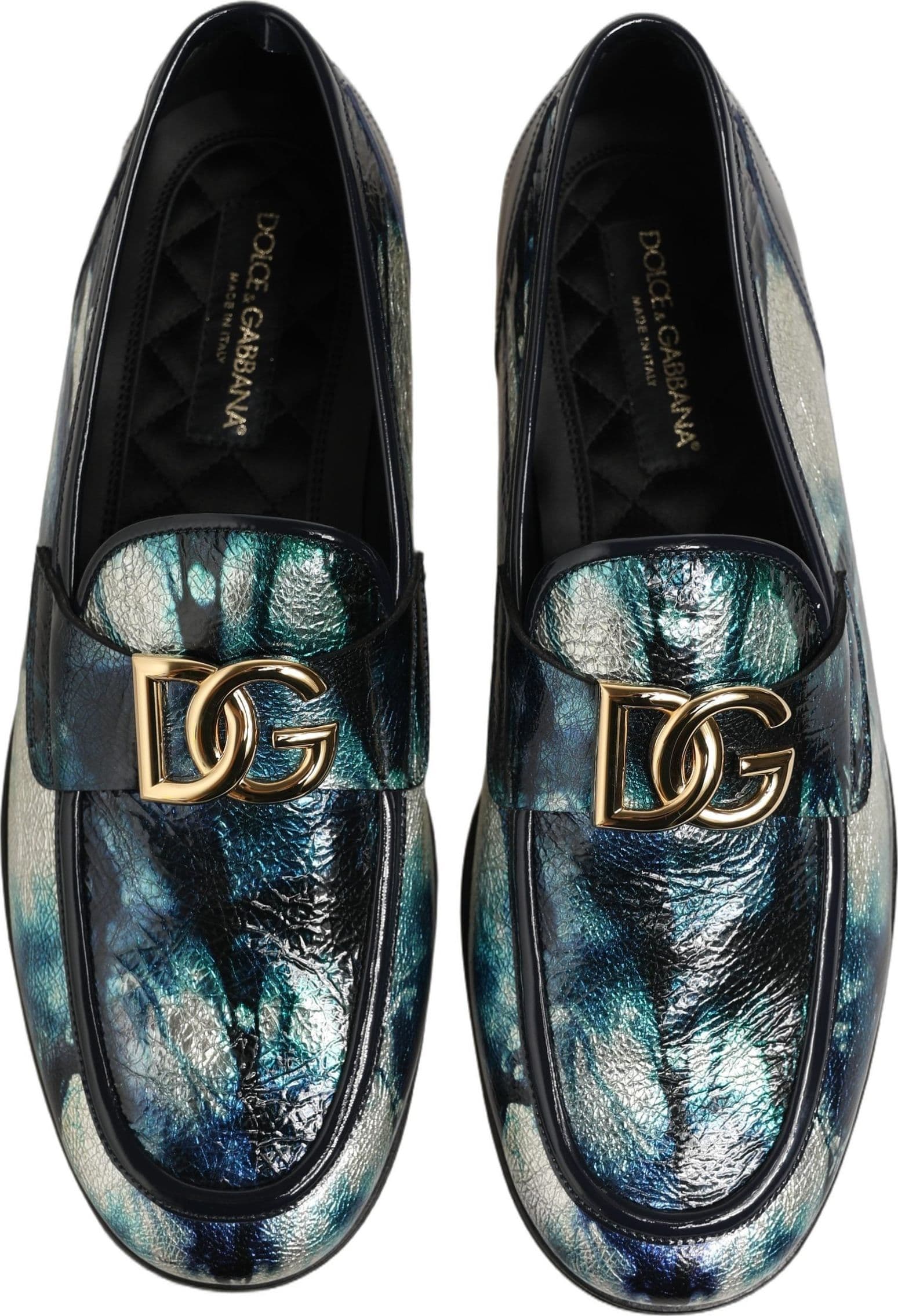 Dolce & Gabbana Metallic Blue Silver Leather DG Loafers Shoes - 3