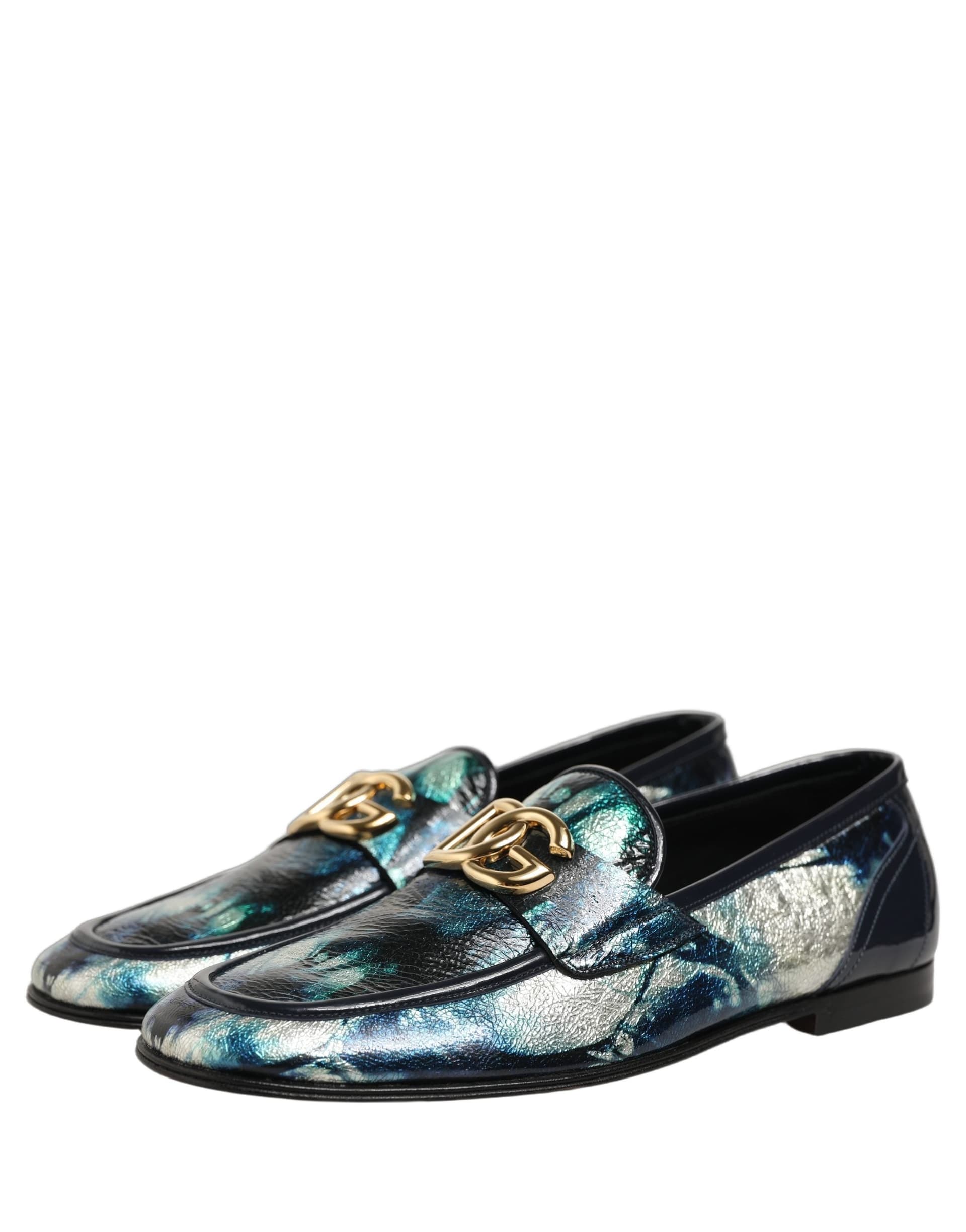 Dolce & Gabbana Metallic Blue Silver Leather DG Loafers Shoes - 4