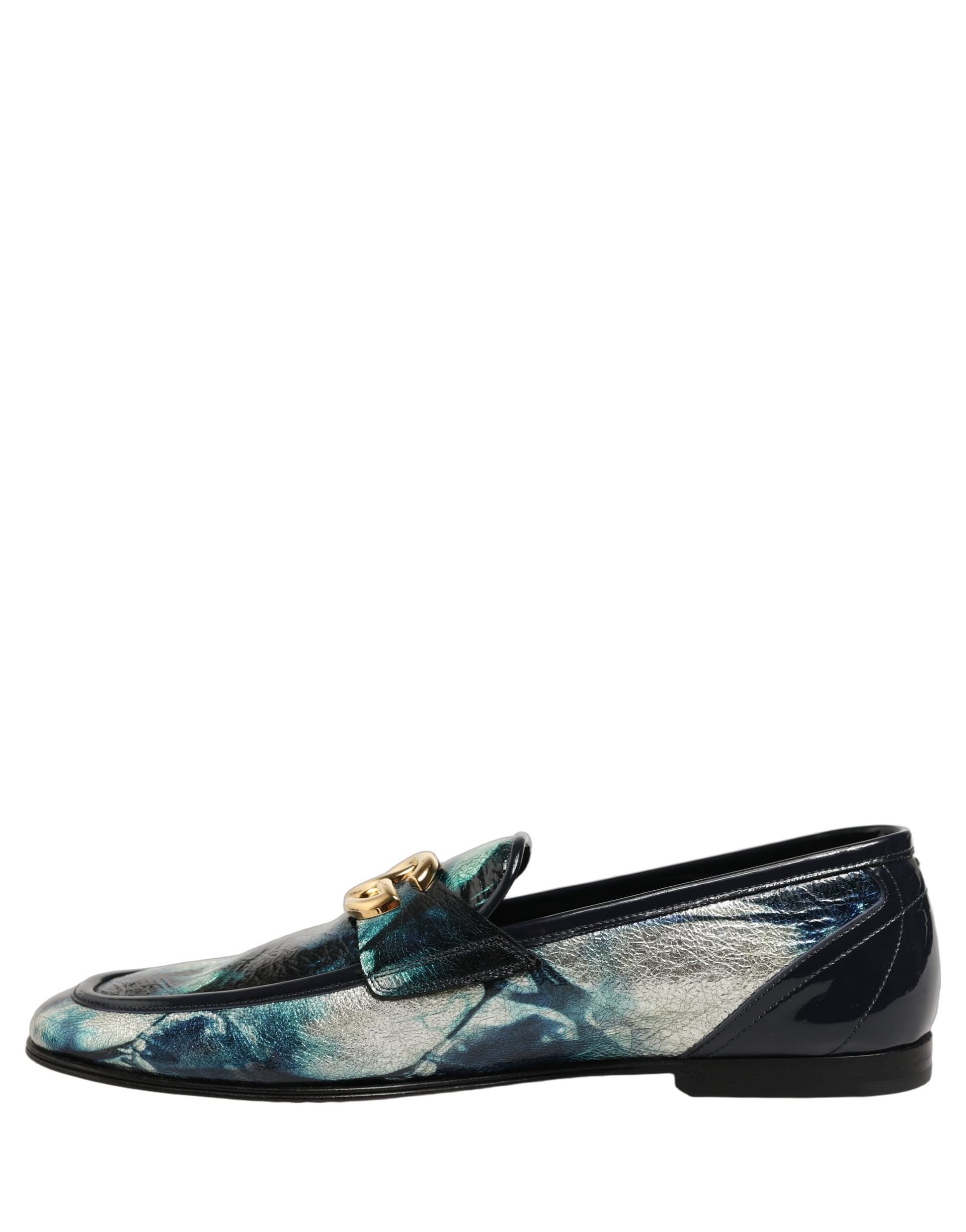 Dolce & Gabbana Metallic Blue Silver Leather DG Loafers Shoes - 6