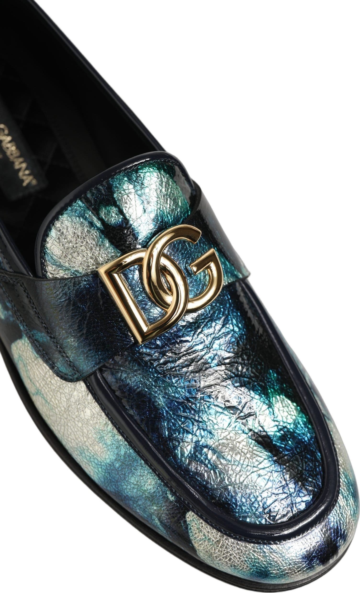 Dolce & Gabbana Metallic Blue Silver Leather DG Loafers Shoes - 7