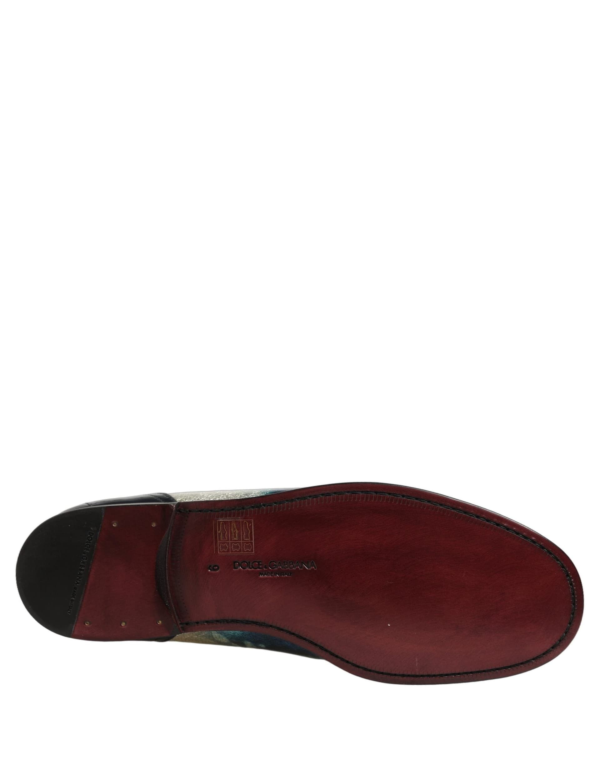 Dolce & Gabbana Metallic Blue Silver Leather DG Loafers Shoes - 8
