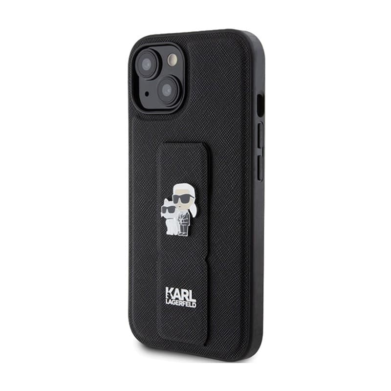 Karl Lagerfeld Gripstand Saffiano Karl & Choupette Pins - iPhone 15 Plus Case (Black) - 2