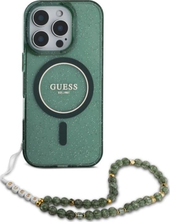Guess IML Glitter With Pearl Strap MagSafe - Case for iPhone 16 Pro Max (Green) - 2