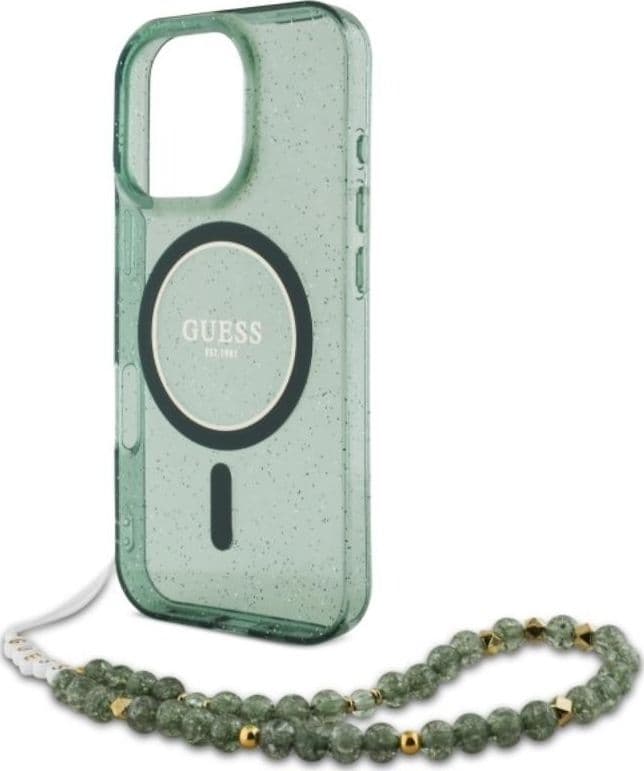 Guess IML Glitter With Pearl Strap MagSafe - Case for iPhone 16 Pro Max (Green) - 5