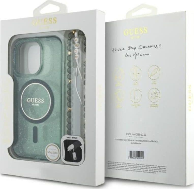 Guess IML Glitter With Pearl Strap MagSafe - Case for iPhone 16 Pro Max (Green) - 7