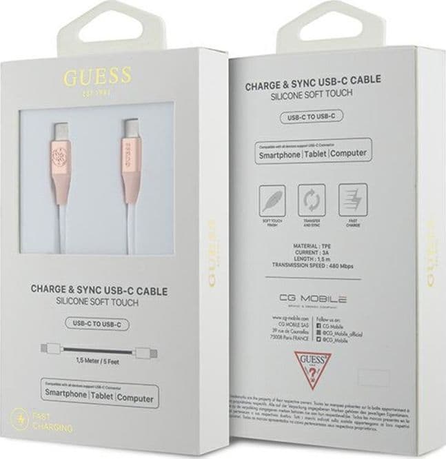 Guess Ebossed Logo - USB-C to USB-C Fast Charging cable 1.5m (pink) - 2