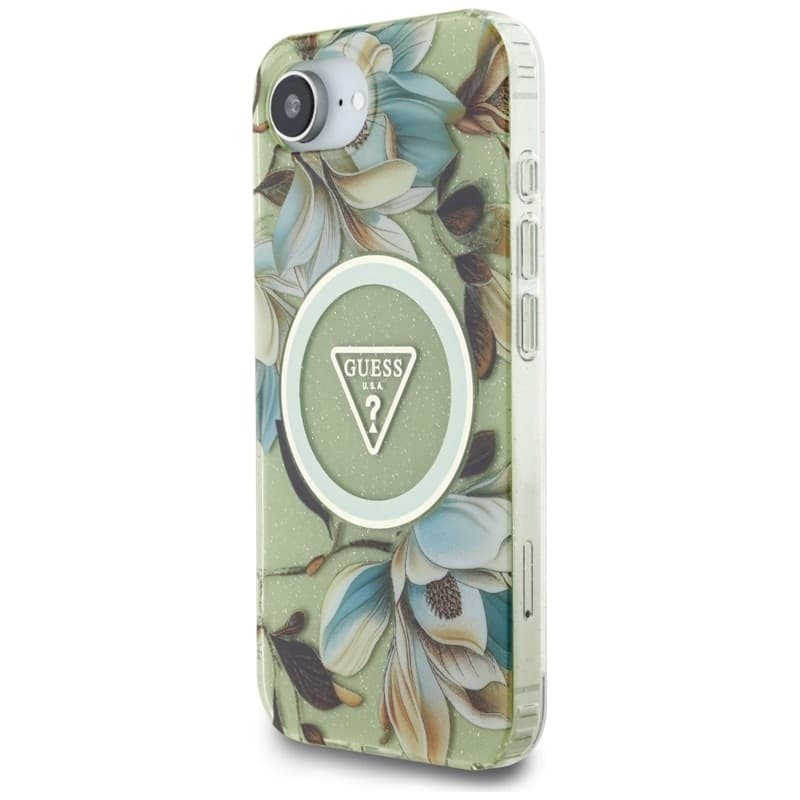 Guess IML Metal Glitter Flowers Triangle MagSafe - Case for iPhone 16e (green) - 2
